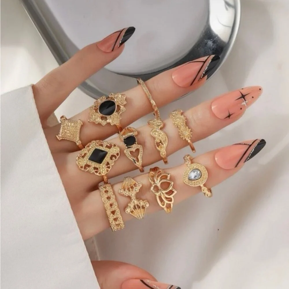 Gold 11pc Rhinestone Geometric Ring Set